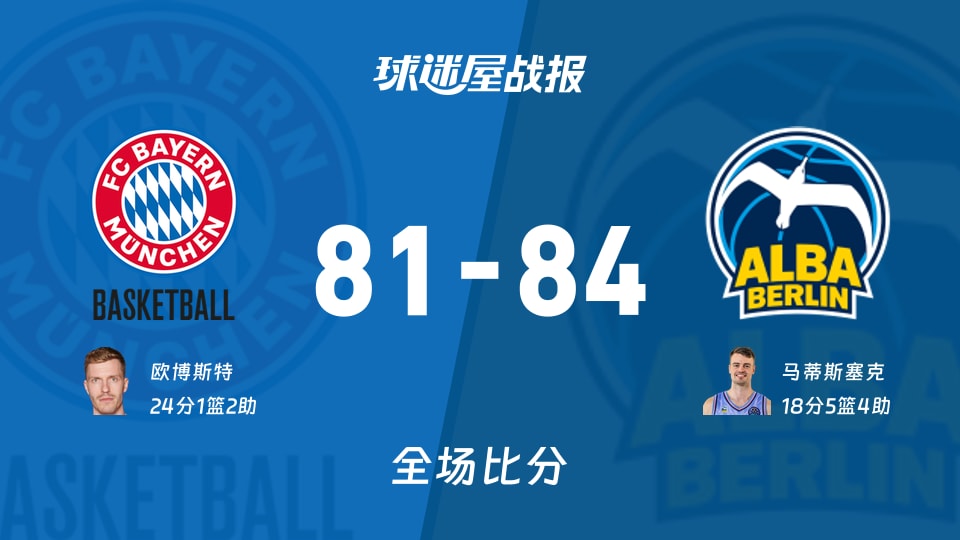 德篮甲季后赛：ALBA柏林以84-81战胜拜仁慕尼黑，马蒂斯塞克18+5+4